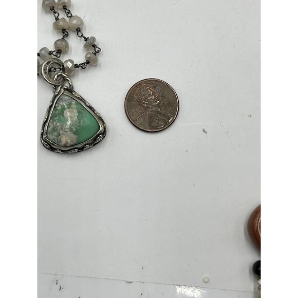Sterling Silver Green Variscite Pendant Ornate Faceted Moonstone Beaded Necklace - Picture 5 of 12